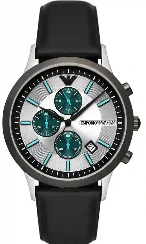 Emporio Armani Renato Chronograph Silver Dial Black Leather Strap Watch for Men - AR11473 - Image 2